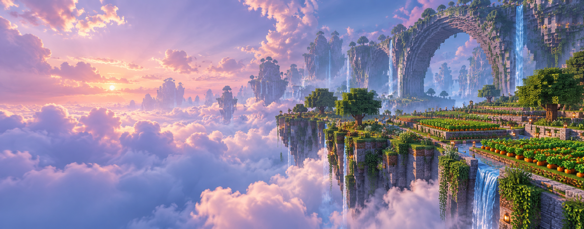 SkyFarmSMP concept art: floating farm terraces and waterfalls above a sea of clouds